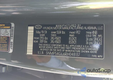 2024 Hyundai Santa Fe Calligraphy z USA, uszkodzony, nr VIN 5NMP54GL6RH048137